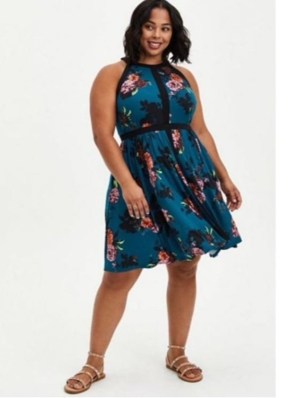 Torrid Halter Floral Skater Party Dress 1 Plus Studio Knit Teal Blue New